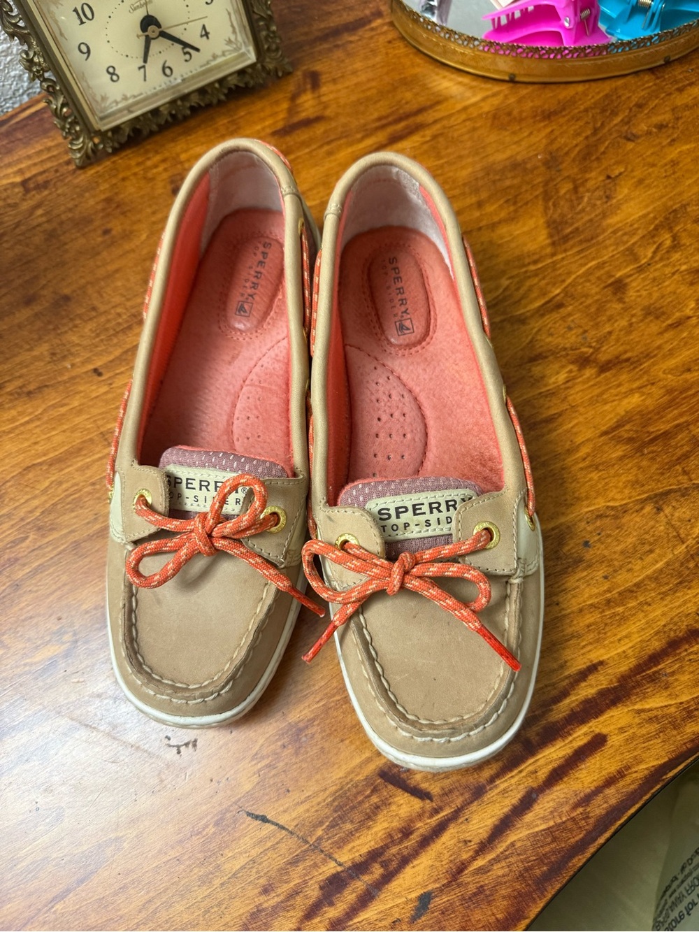 Sperry Taupe Leather Boat Shoes with Coral Accents